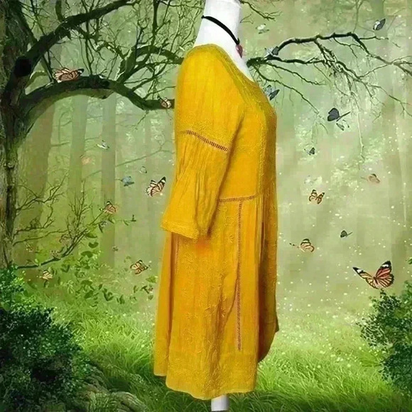 Anthropologie Akemi + Kin Mustard Yellow/Gold Embroidered Dress Size XS - Picture 5 of 10